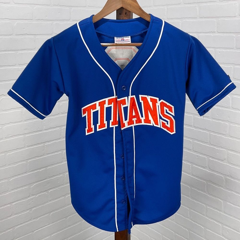 Teamwork Jersey Mens 34-36 Blue Red TITANS 9 Baseball Uniform Shirt USA VTG